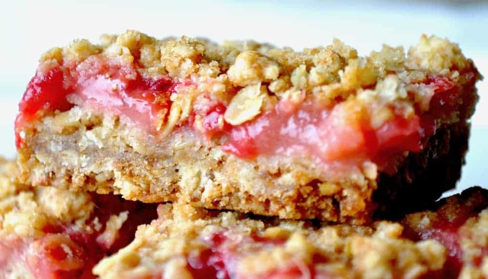 Close up of a strawberry rhubarb bars.