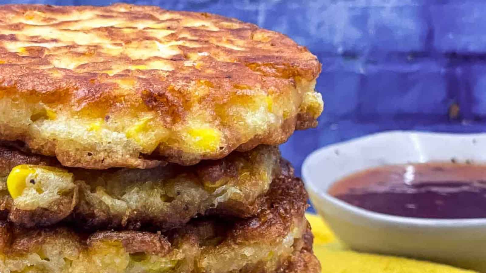 Sweetcorn fritters in a stack.