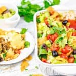 Taco casserole with fresh vegetables.