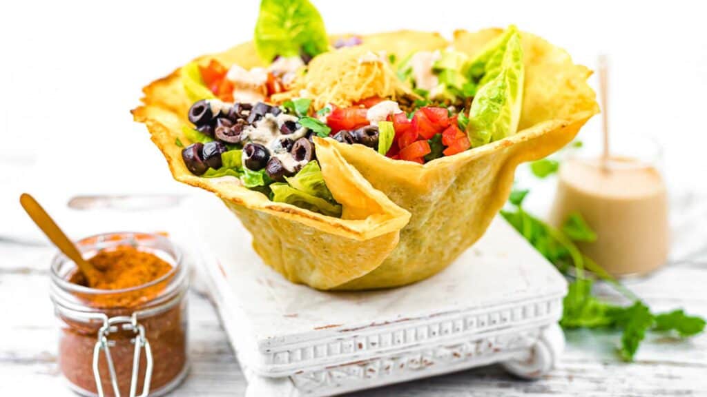 Taco salad in edible salad bowl. 