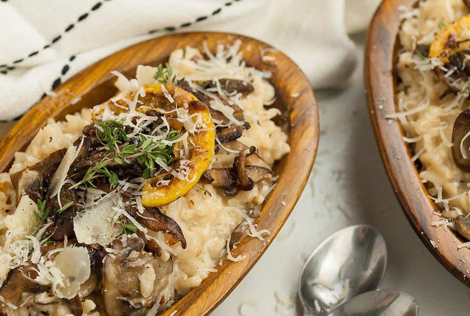 A serving bowl with mushroom risotto.