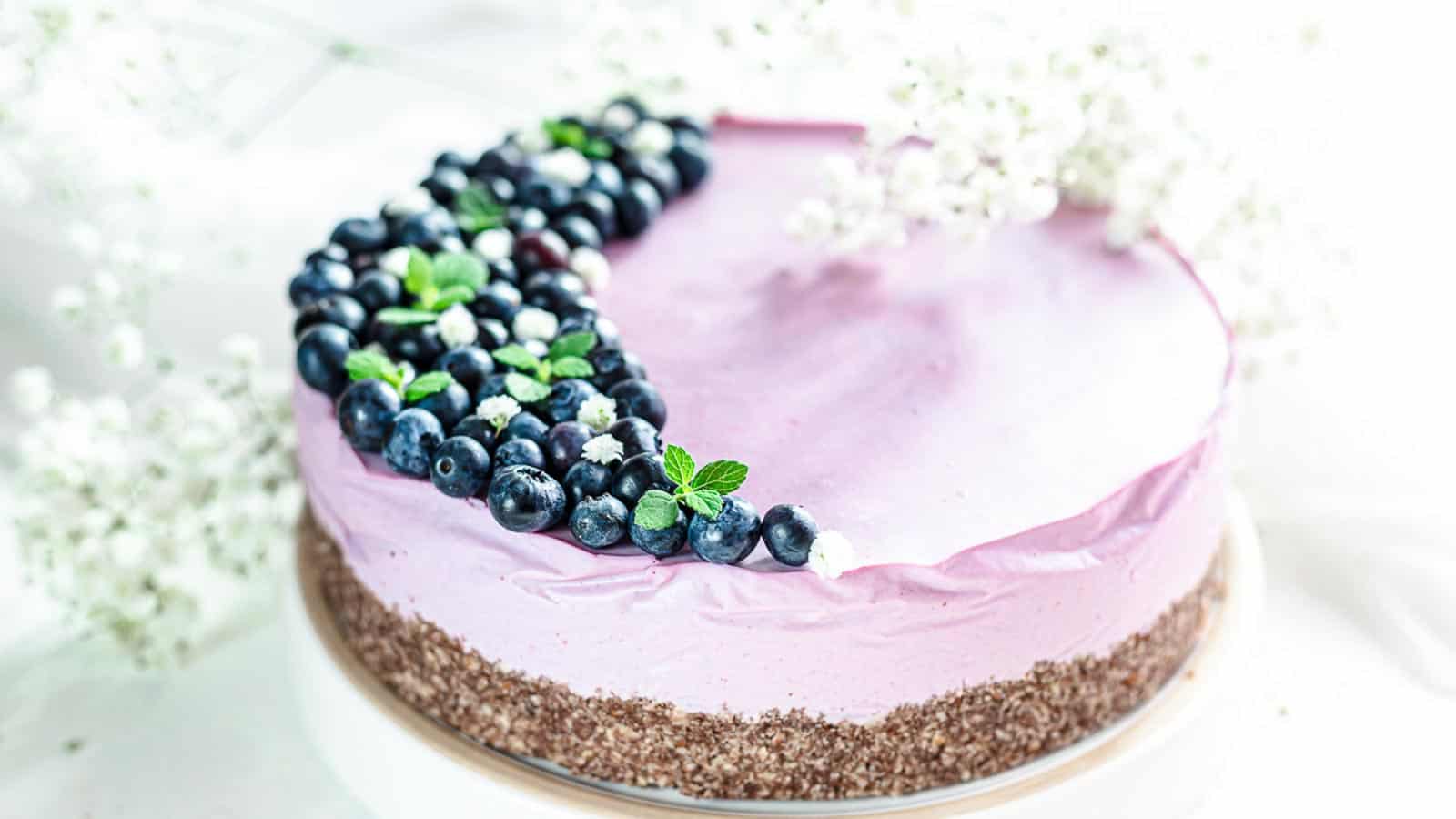 Keto No Bake Blueberry Cheesecake with blueberries on top. 