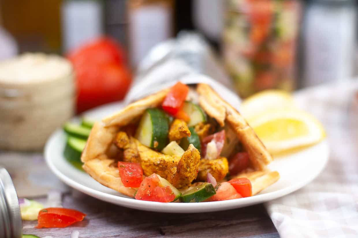 Low angle shot of a chicken shawarma wrap.