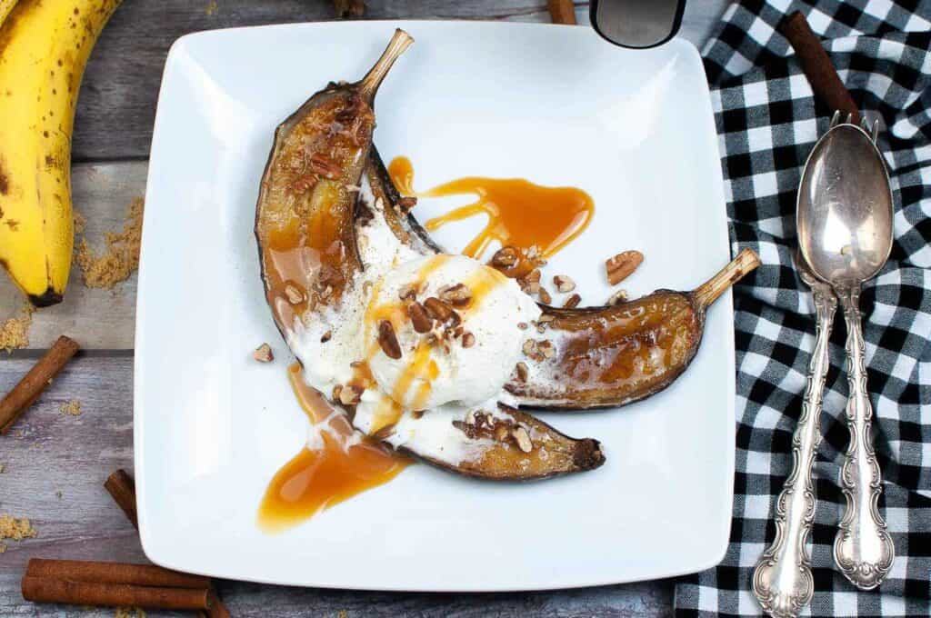 Caramelized bananas with vanilla ice cream and caramel sauce.