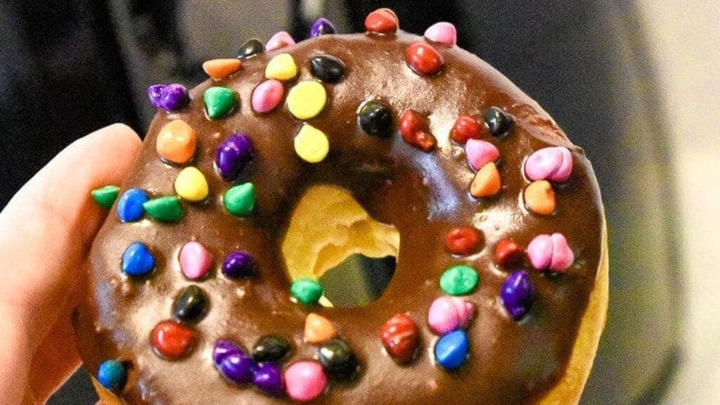 Air Fryer Donuts with chocolate glaze and sprinkles.