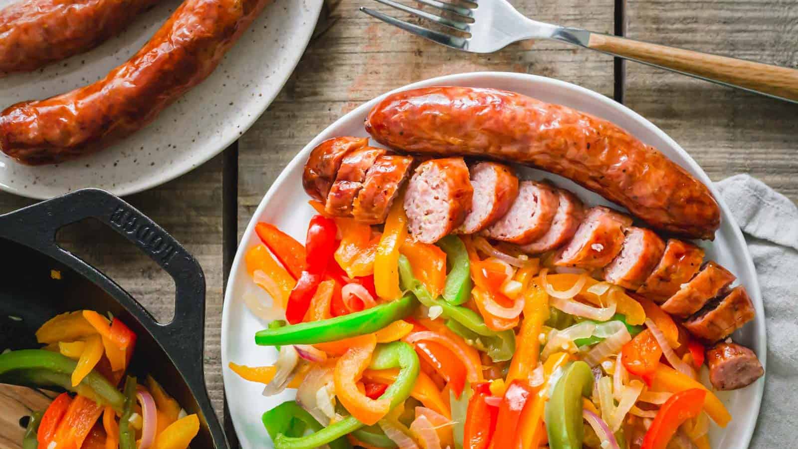 Air fryer sausage on a white plate with sauteed peppers and onions.