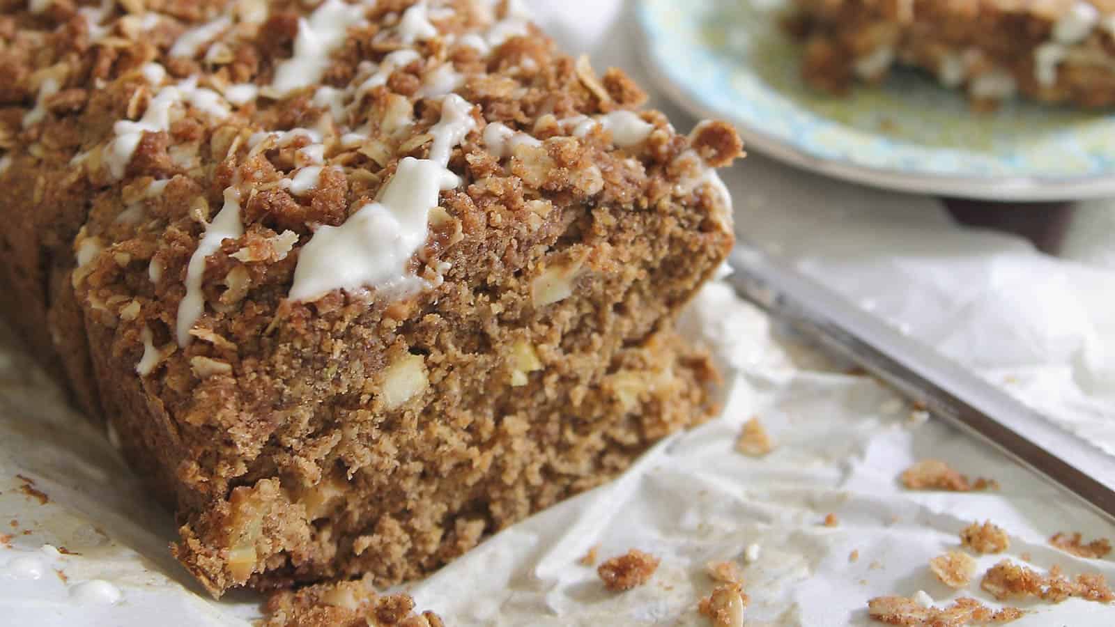 Apple streusel bread drizzled with icing.