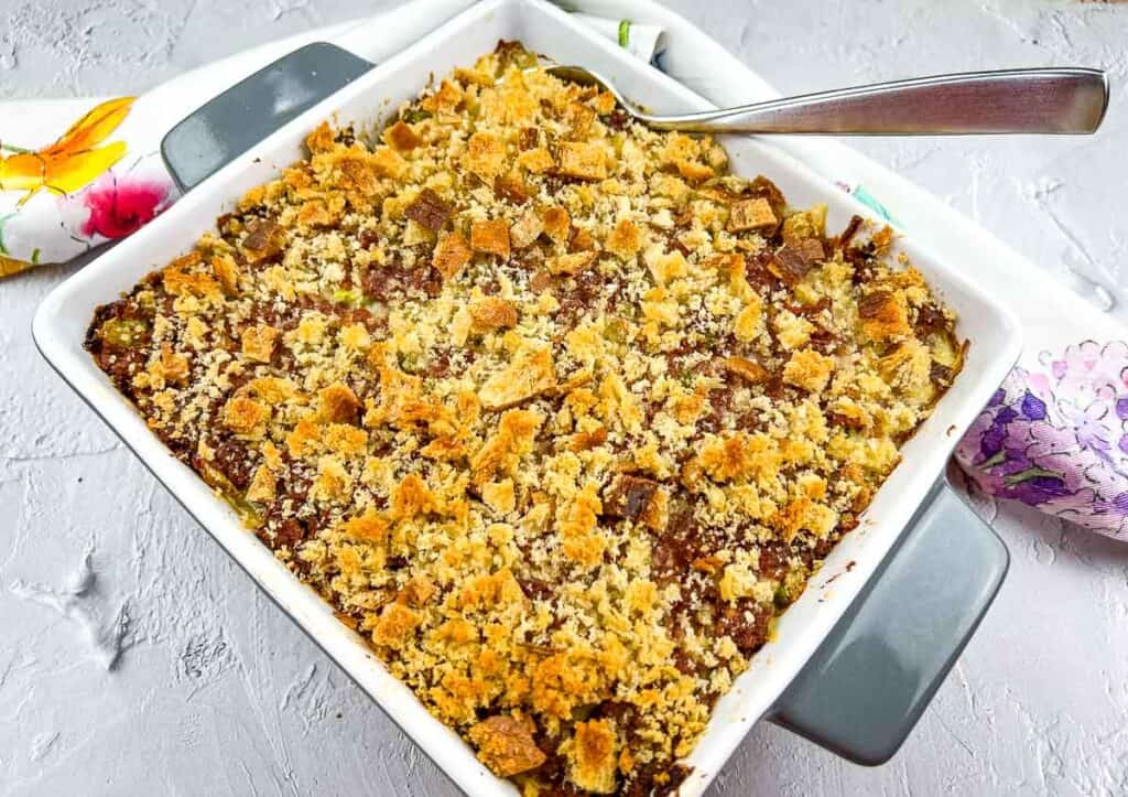 Corned Beef Hash Casserole in a square baking dish.