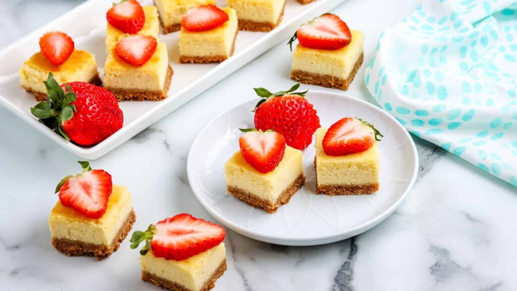 Cheesecake Bars topped with fresh strawberries with a blue napkin.