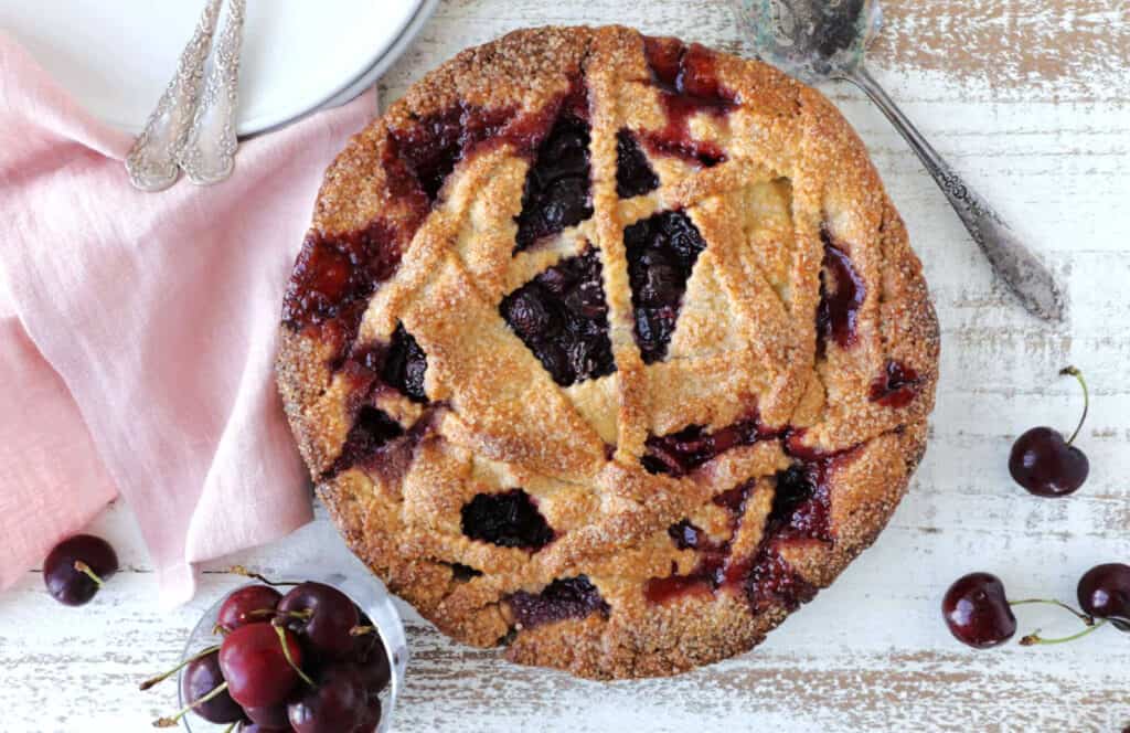 An whole baked cherry pie.