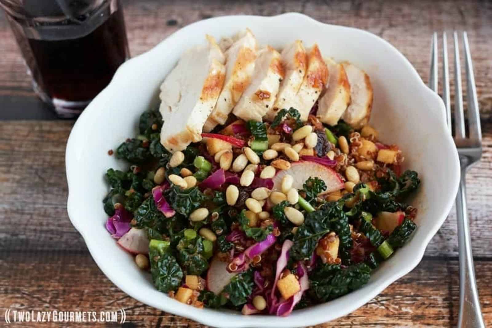 Chicken quinoa salad in a bowl.