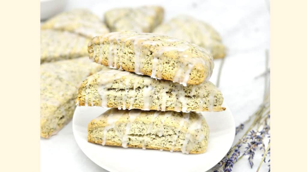 Three Earl Grey scones on a white plate.