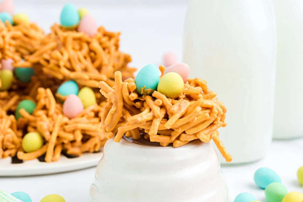 A peanut butter haystack cookie with mini eggs on top.