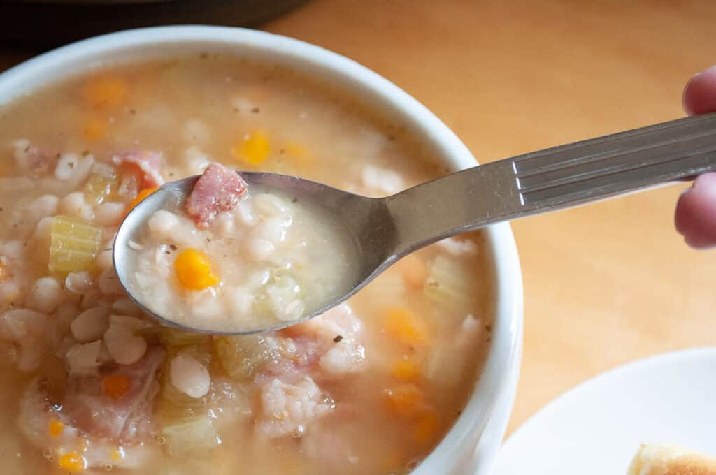 A bowl of soup with ham and beans.