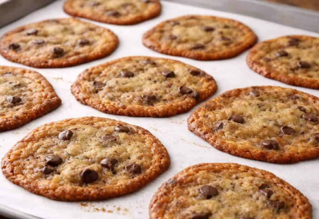 Chocolate chip cookies that spread flat on a baking sheet during baking showing thin edges and wide cookie spread.