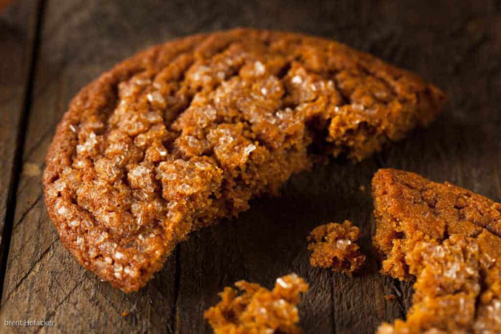 low angle shot of a single gingersnap cookie broken in half.