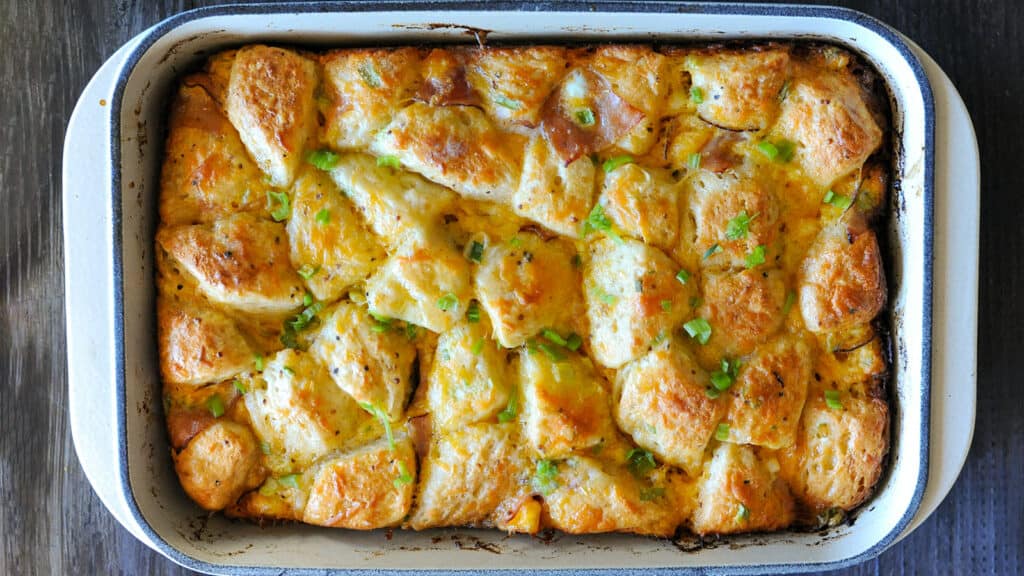 Honey Mustard Ham and Biscuit Strata in pan.