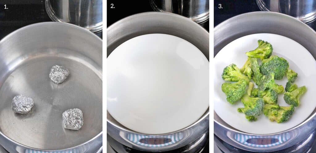 Collage that shows 3 steps to make a steamer with foil balls and a plate in a pot you already own.