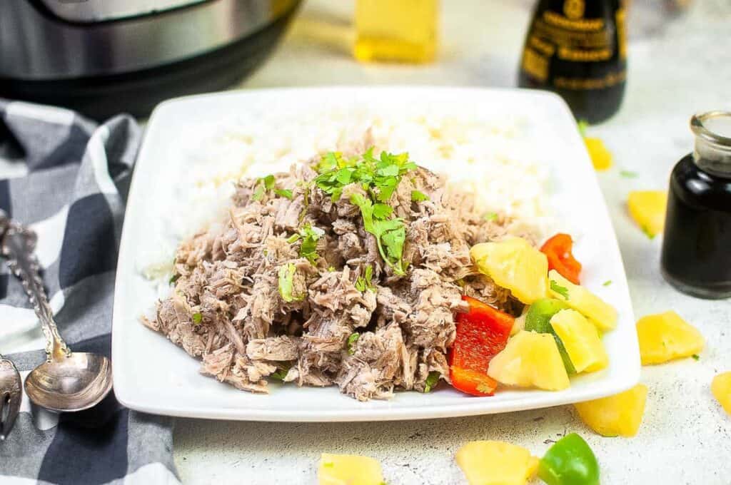 Shredded kalua pork on a white plate with pineapple and red bell pepper.