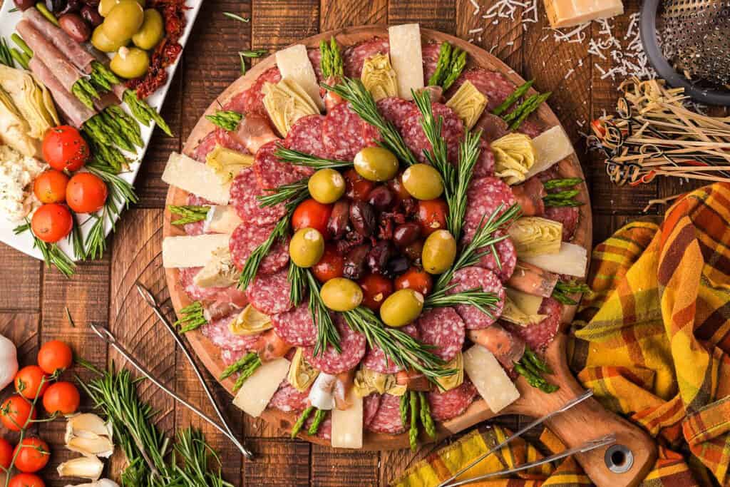 Overhead view of an antipasto board.