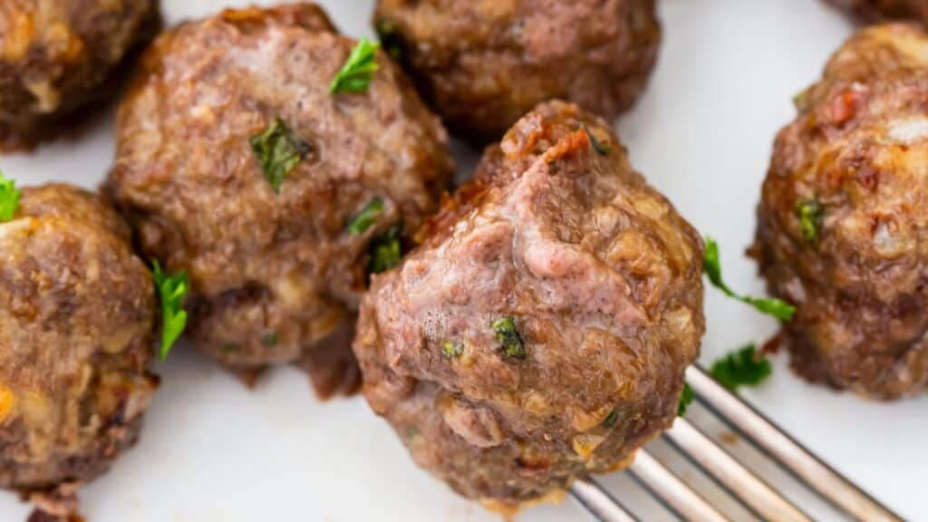 Air Fryer Keto Meatballs Recipe on a silver fork