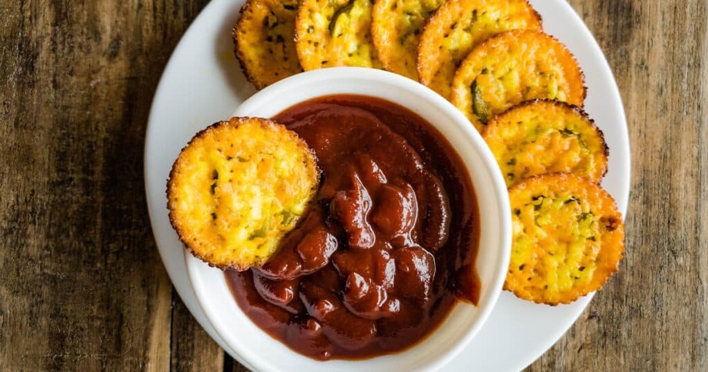 baked pickle cheese chips with bowl of ketchup on white plate