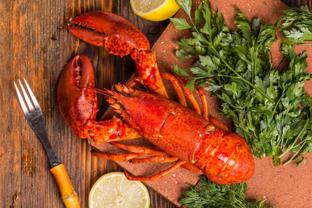 Top view of cooked lobster on wooden background.