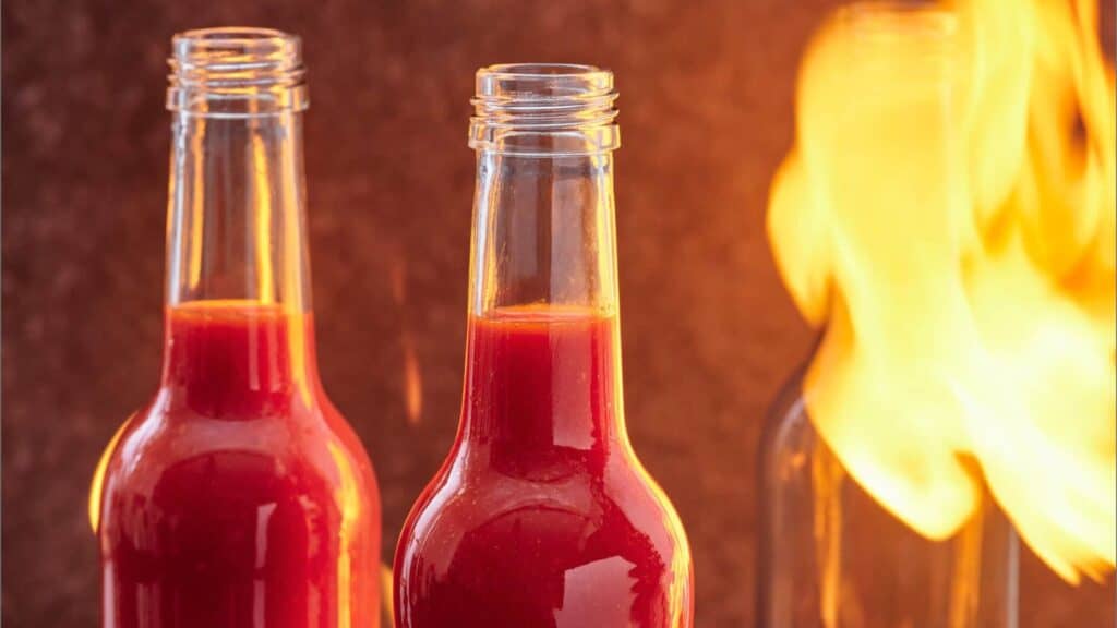 Two glass hot sauce bottles filled with red hot sauce standing next to open flames.