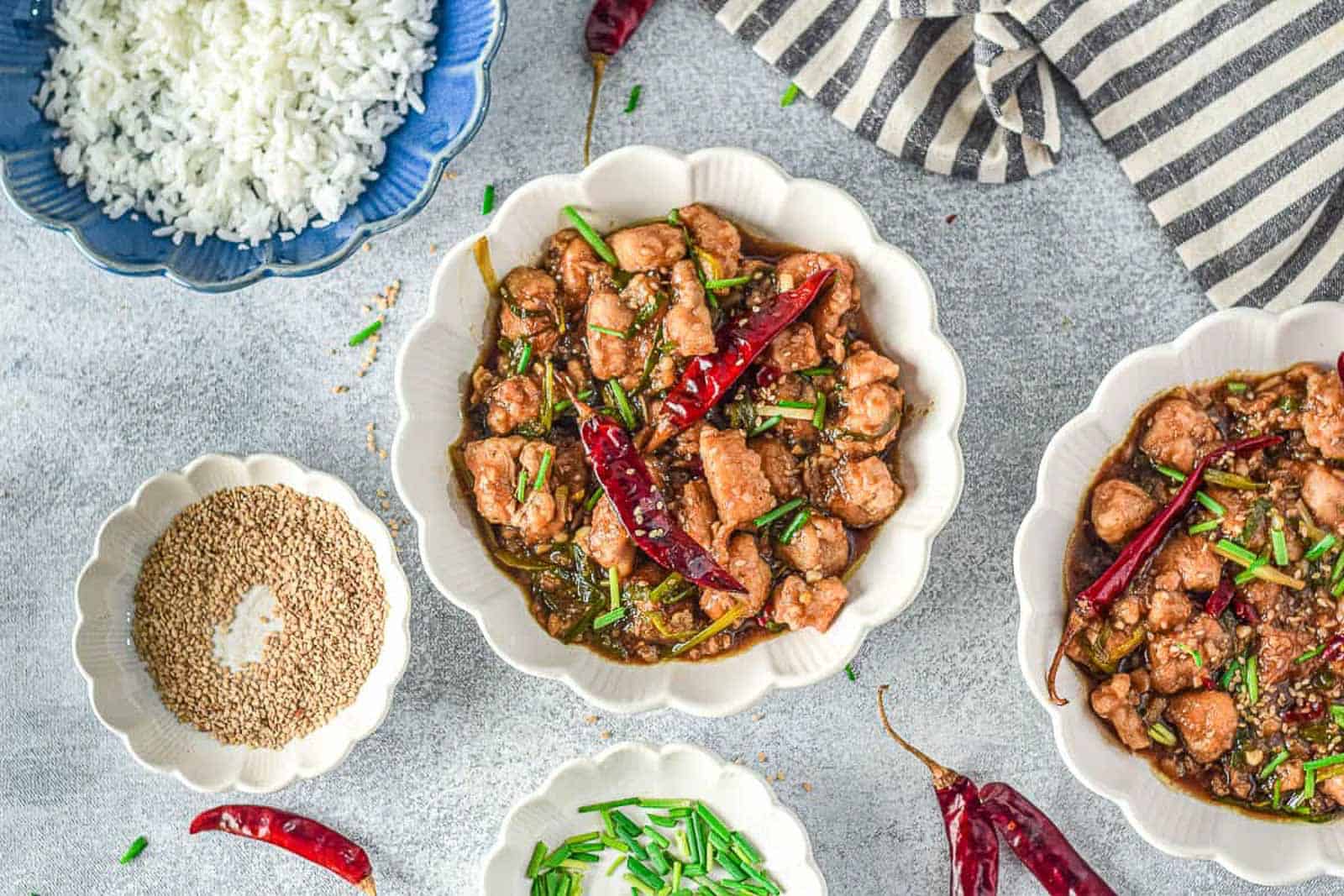 Overhead shot of a bowl of mongolian chicken.