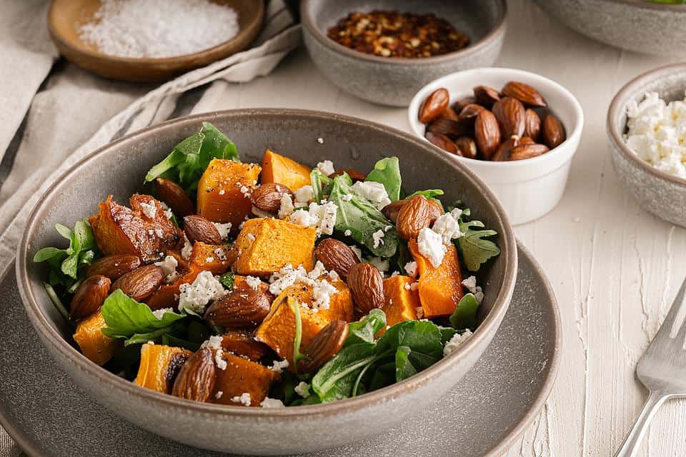 A squash rocket salad in a bowl on a table. 