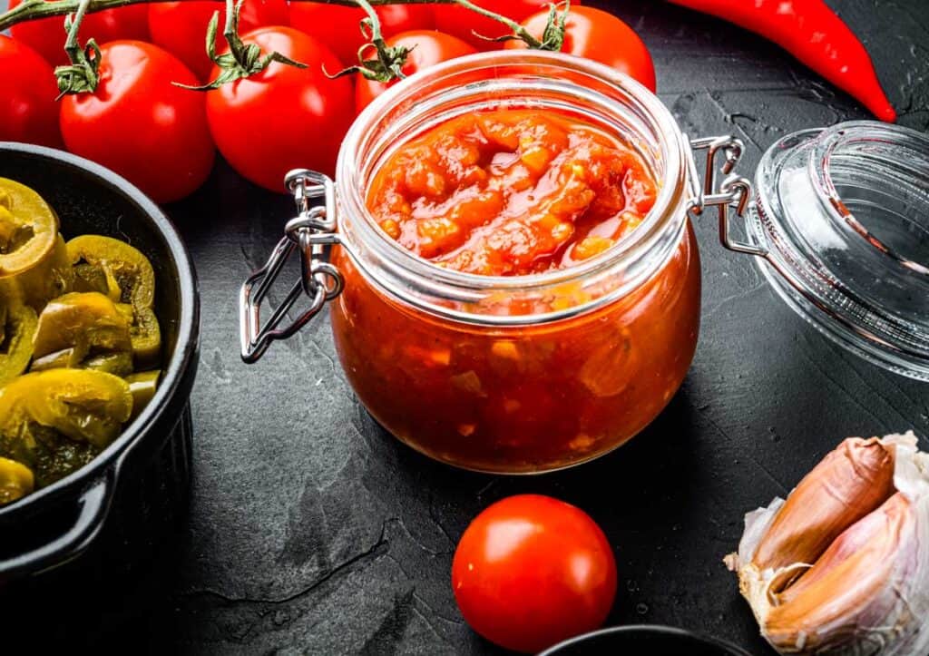 Salsa roja in a glass jar surrounded by fresh tomatoes and chiles on a black background.