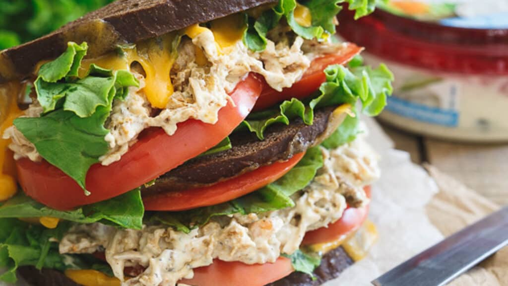 Southwest ranch chicken salad sandwich on pumpernickel.