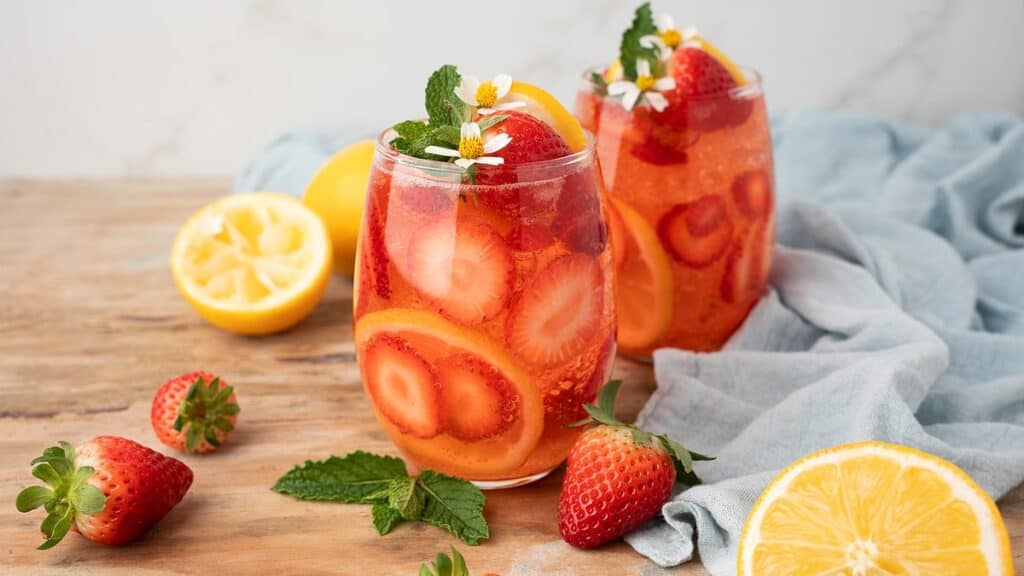 Strawberry lemonade in a cup.