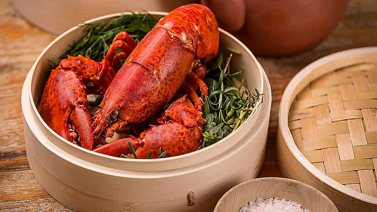 A steamed lobster, prepared using traditional techniques for those curious about how to cook lobster, is served in a bamboo steamer with aromatic herbs, next to a bowl of coarse salt on a wooden surface.