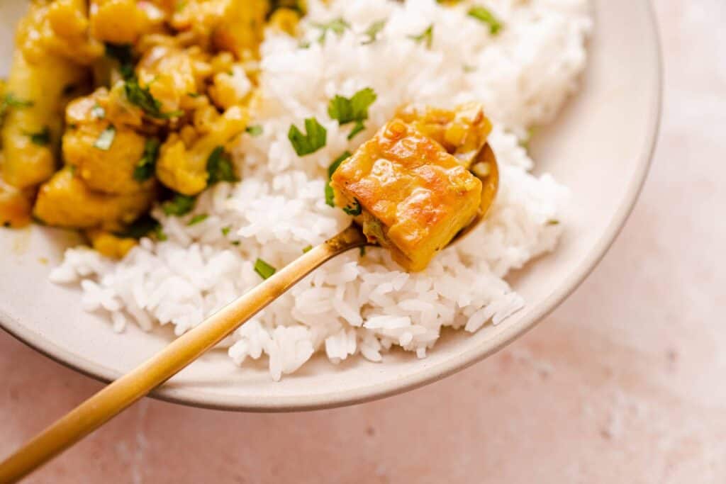A spoonful of tempeh curry resting on a bed of white rice.