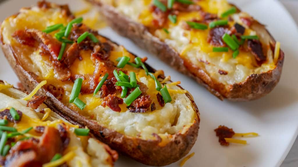 twice baked potatoes topped with cheese, bacon bits and chives.