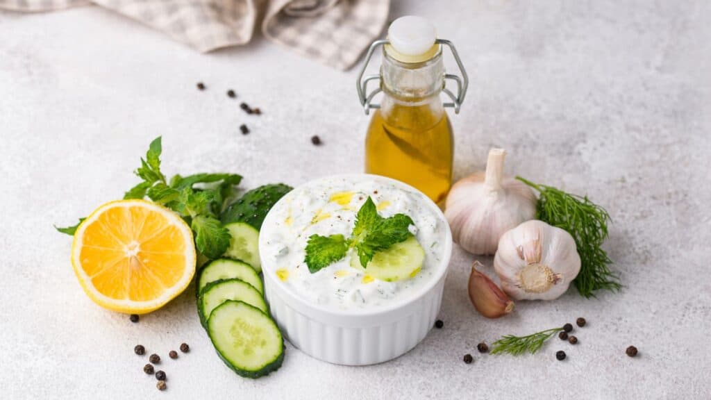 Greek tzatziki sauce in white cup with lemon cucumber garlic