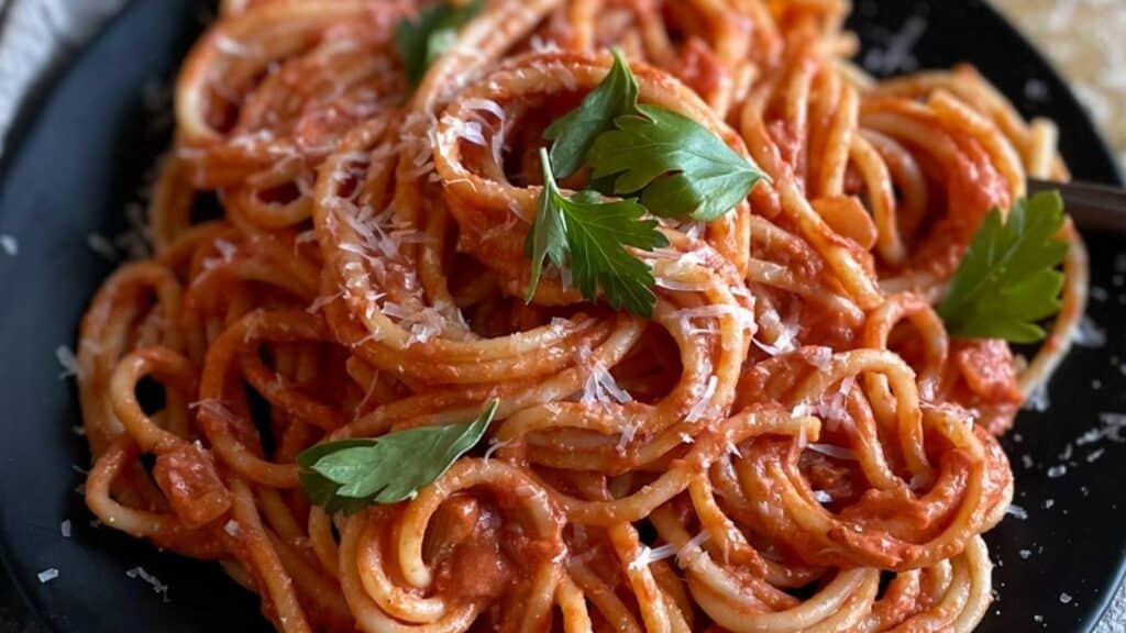 Spaghetti with tomato mascarpone sauce is twirled on a black plate.