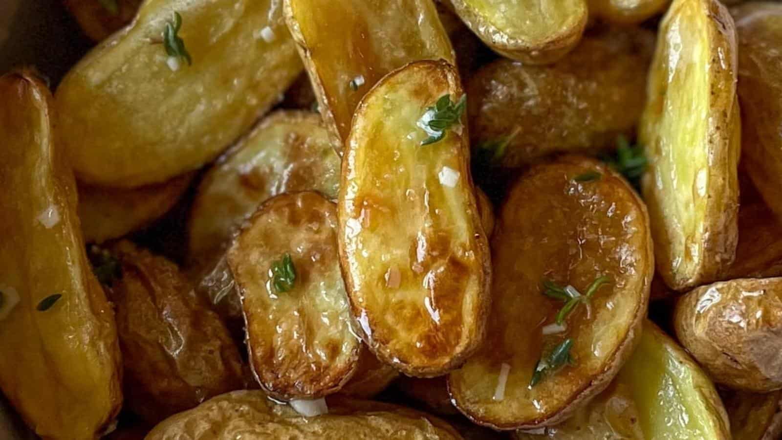Closeup shot of air fried fingerling potatoes coated in olive oil, garlic, and fresh thyme.