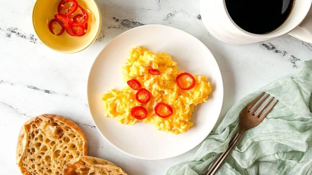 Scrambled eggs on a white plate topped with sliced chilis.