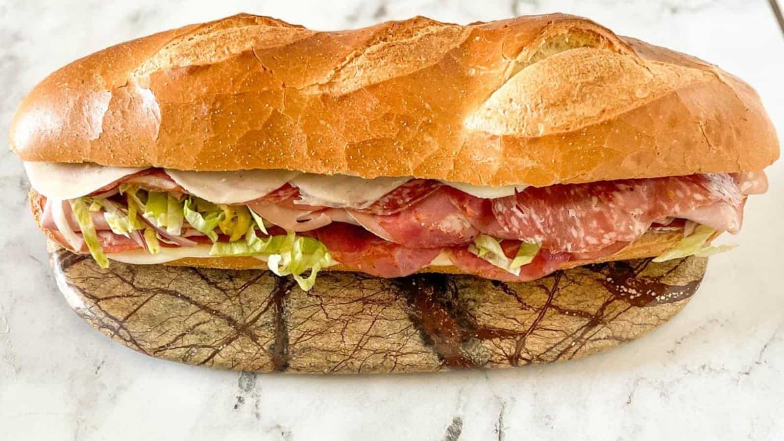 Overhead shot of a grinder sandwich on a marble serving plate.