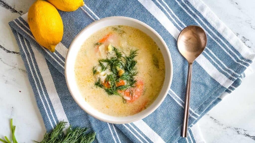 Greek chickpea soup in a white bowl.