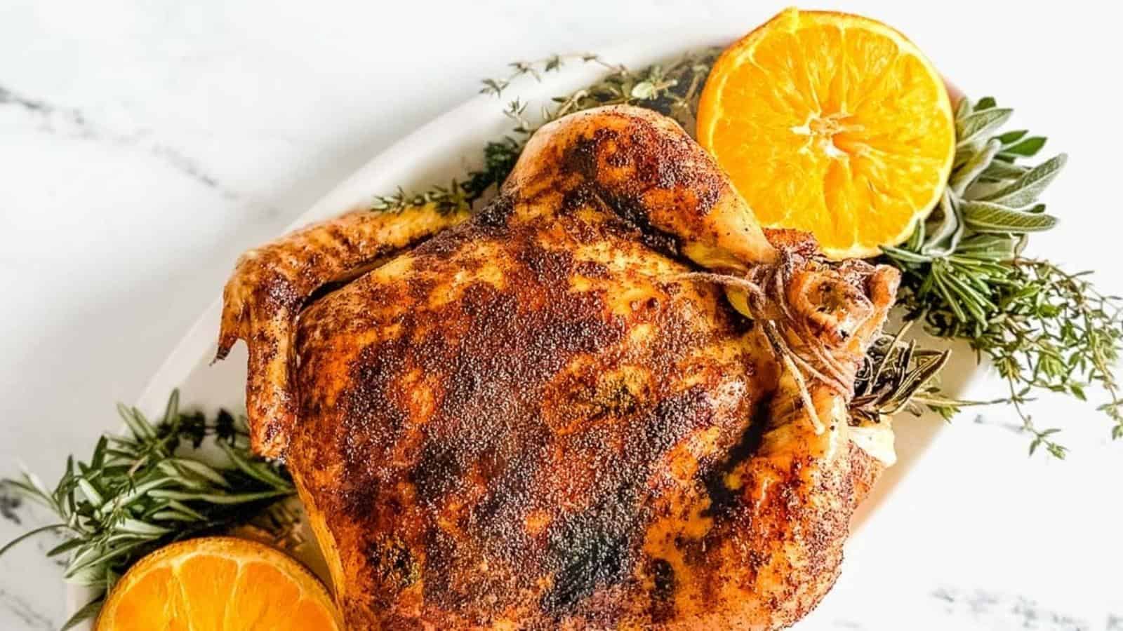 Roast chicken with orange butter on a white platter with thyme, sage, rosemary, and halved oranges.