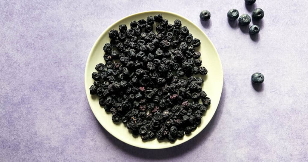 Dehydrated blueberries on a white plate.
