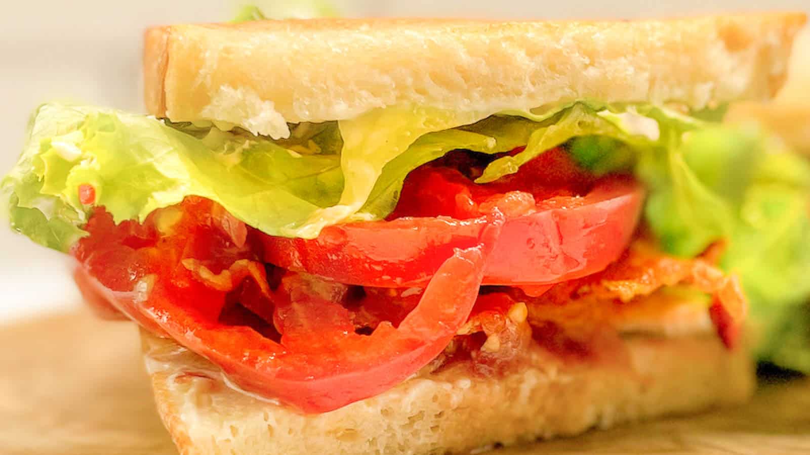 Closeup side view shot of a BLT with chicken.