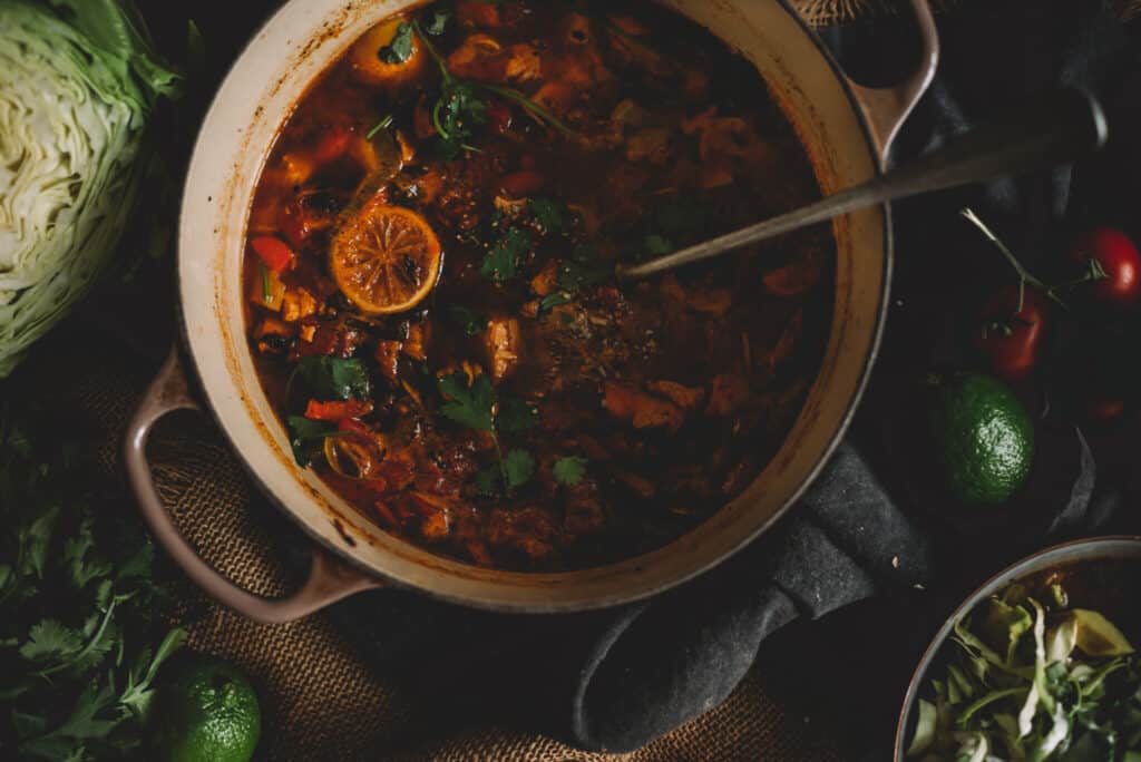 Overhead shot of pot of hearty Mexcian soup.