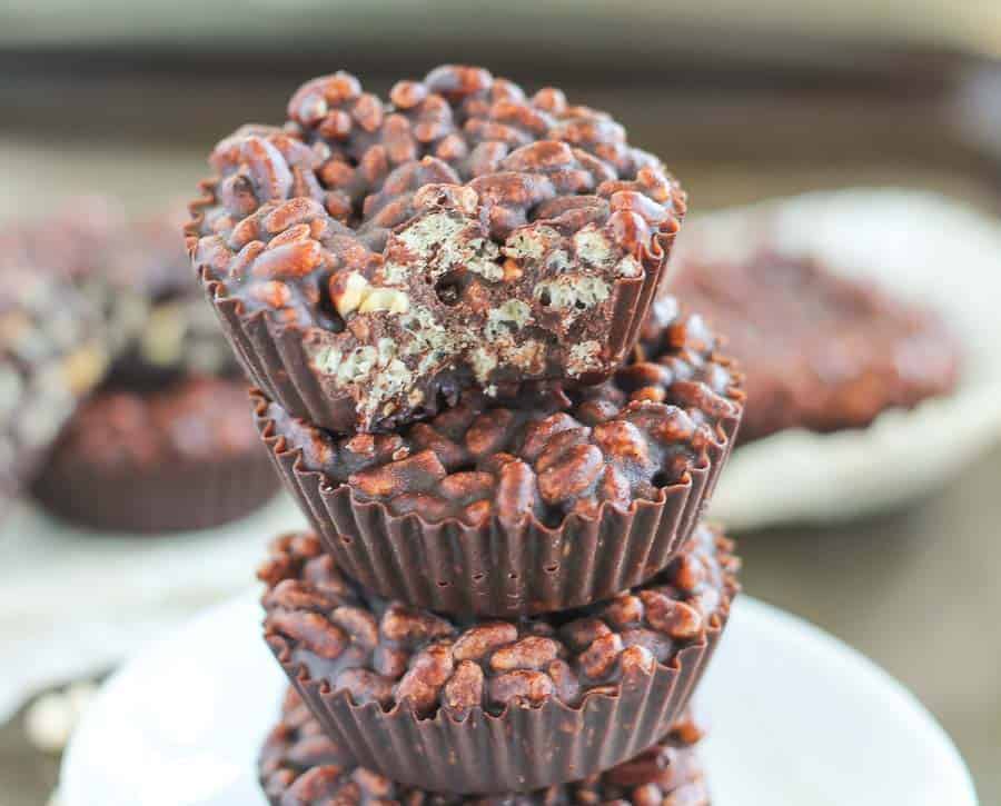 Stack of chocolate peanut butter cups with crispy rice.