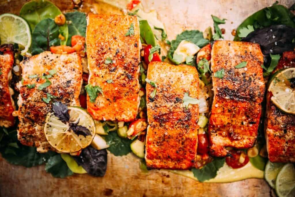 Overhead shot of grilled salmon filets.