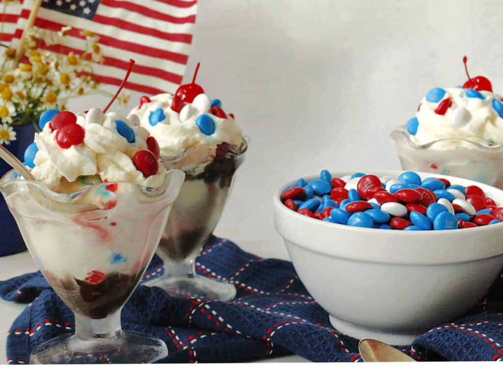 Red, white and blue ice cream sundaes with M and M's.