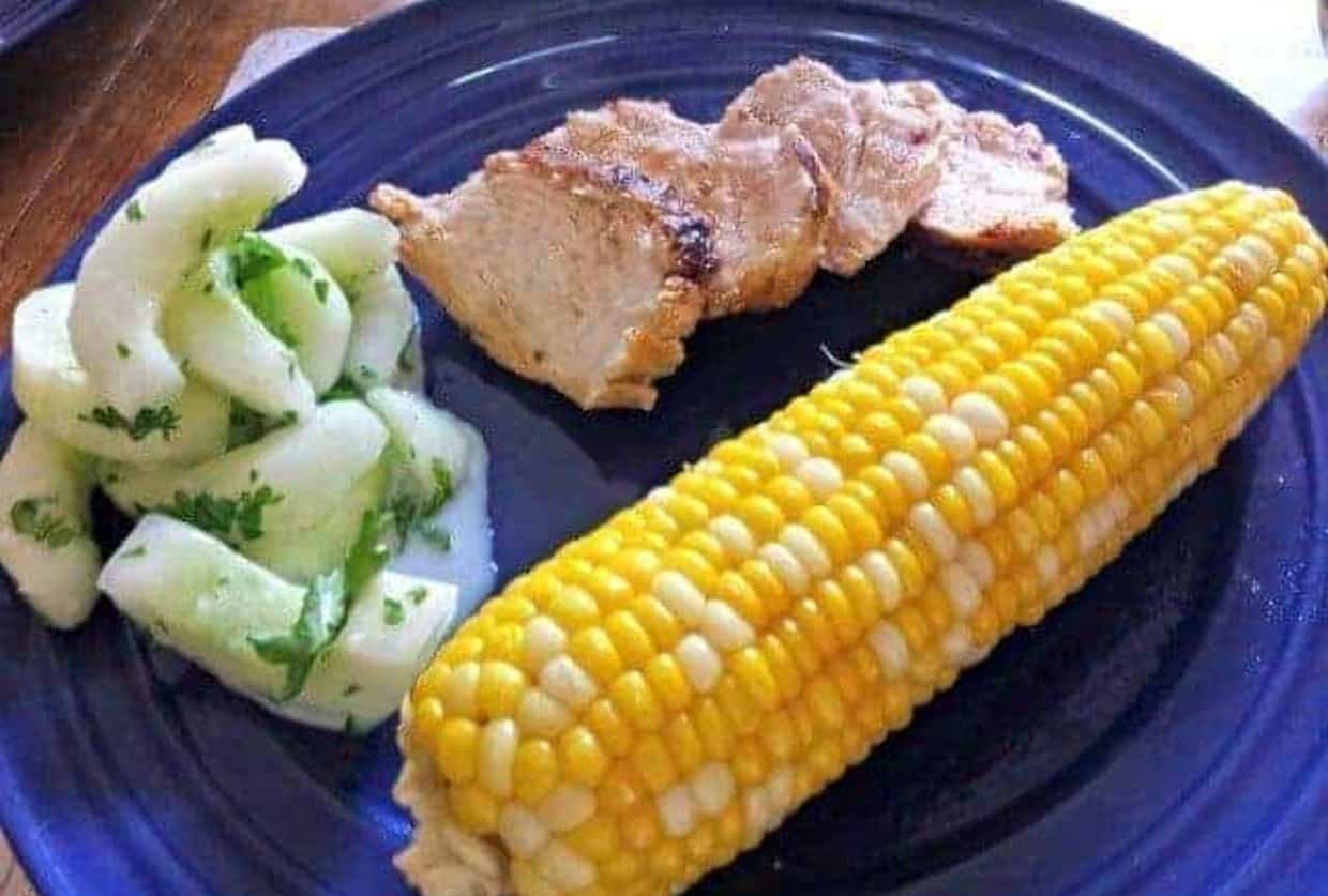 Kefir Marinated chicken on a blue plate with sides.